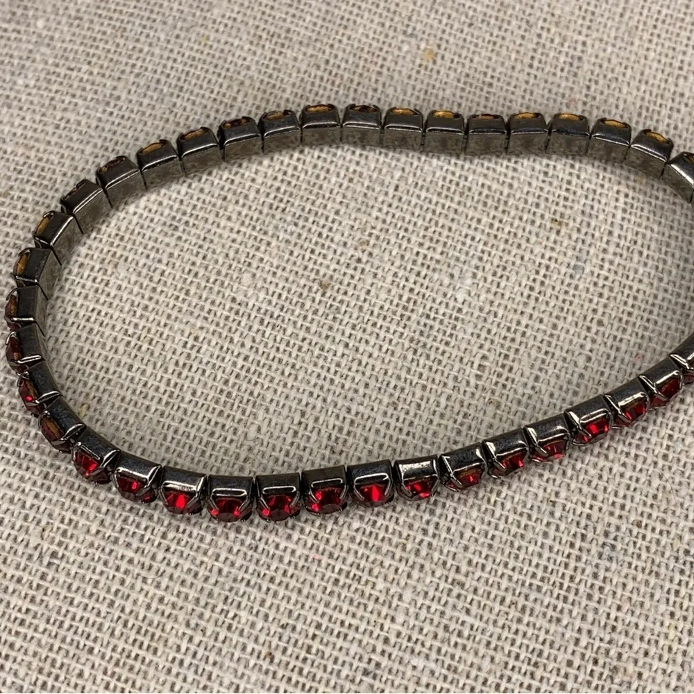 Vintage Silver Red Stretch Tennis Bracelet Formal Glam Goth Ruby Crystal